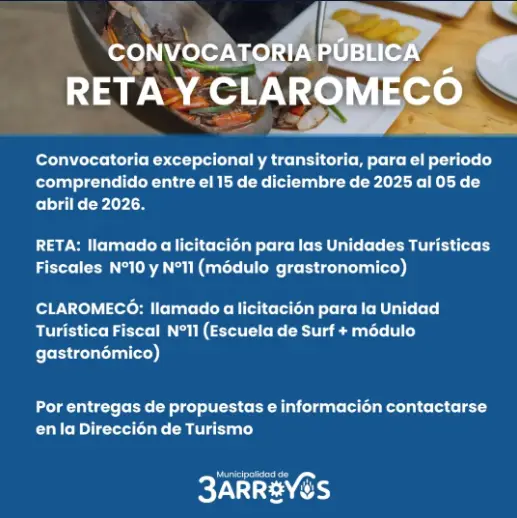 Mensaje de convocatoria a licitación de Unidades Turísticas Fiscales Nro 10 y Nro 11 en Reta