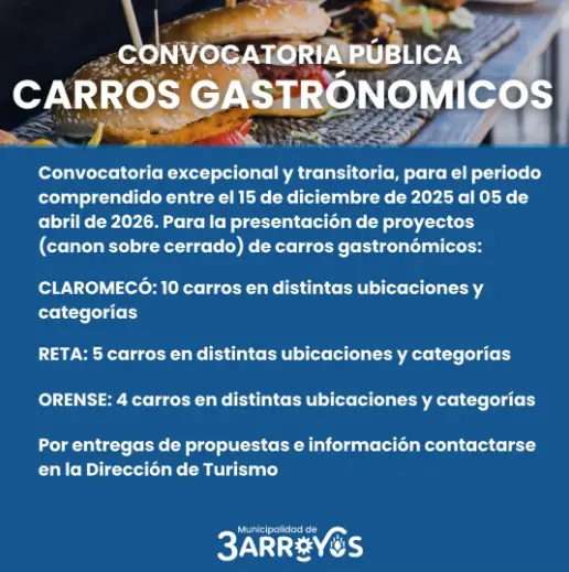 Mensaje de convocatoria a licitación de 5 carros en distintas ubicaciones y categorías en Reta